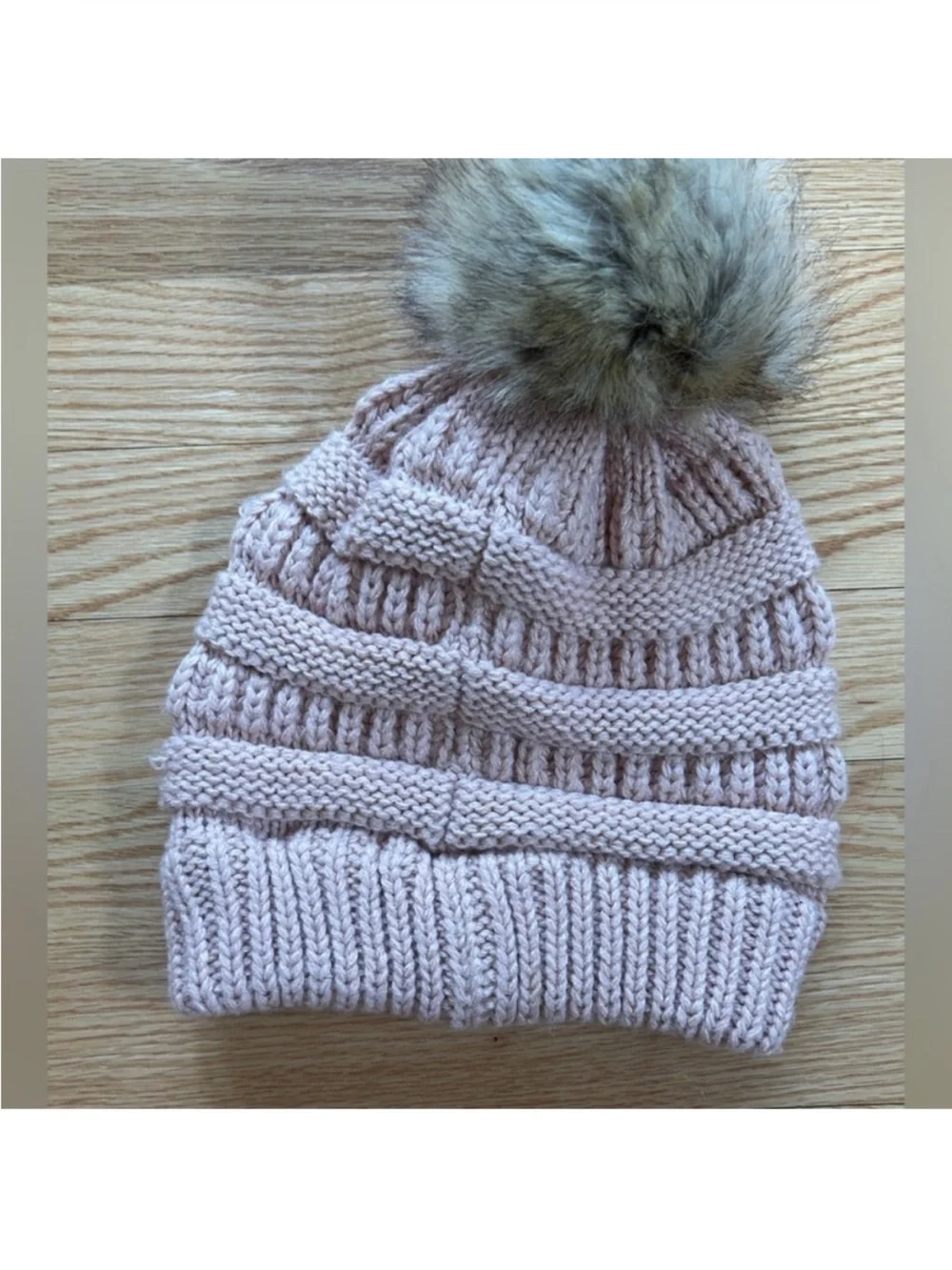 C.C Blush Knit Beanie with Faux Fur Pom Indie pink hat light pink chunky